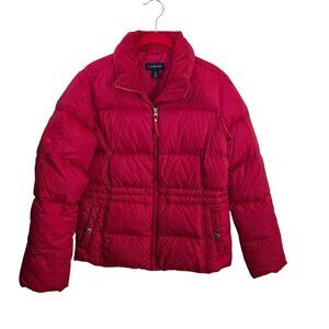 Lands' End Red Down Mock Neck Puffer Jacket Snap Pockets Full Zip Size S